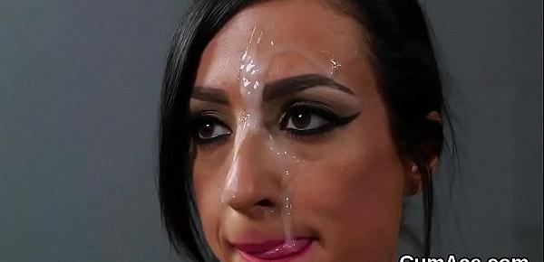  Sexy idol gets jizz load on her face sucking all the ejaculate